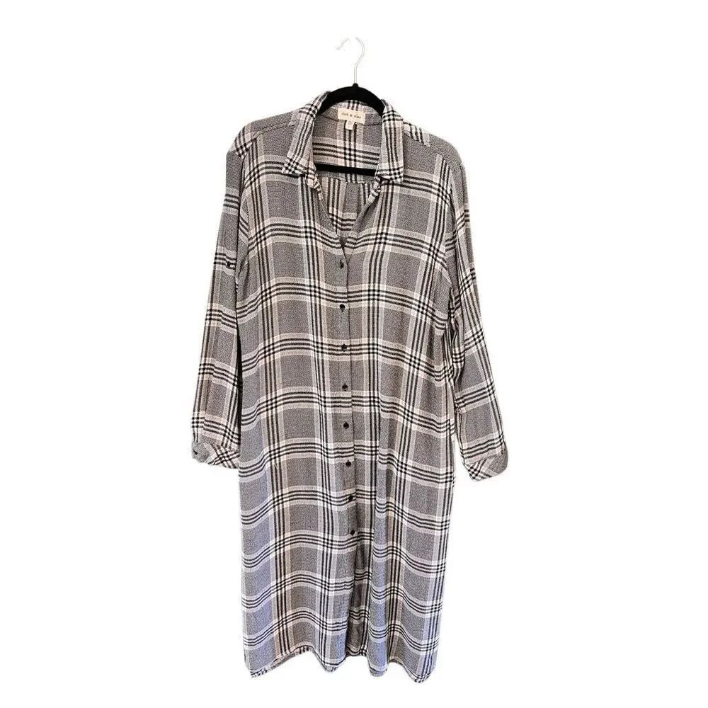 Anthropologie Cloth & Stone Women's Plaid Tunic Shirt Dress Black White Large